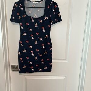 Floral Scoop Neck Mini Dress - Navy with Pink Floral